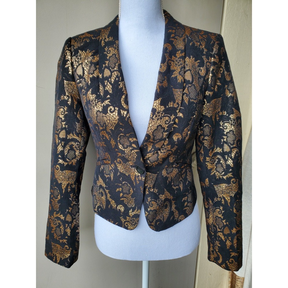 BEBE Blazer Jacket Womens 4 Black Gold Jacquard Metallic Floral Print Formal Hip